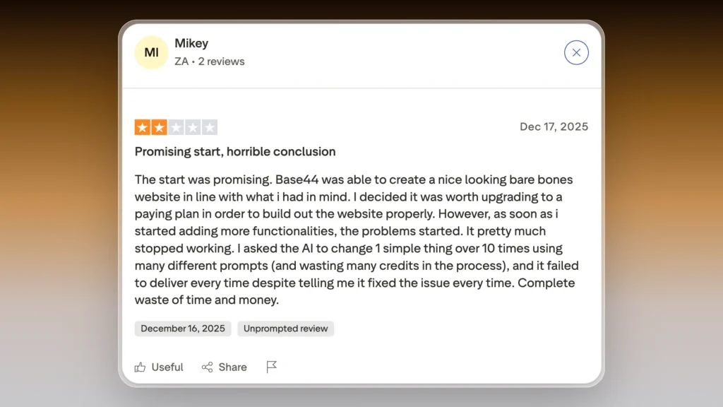 Trustpilot review about Base44's capability as an app grows