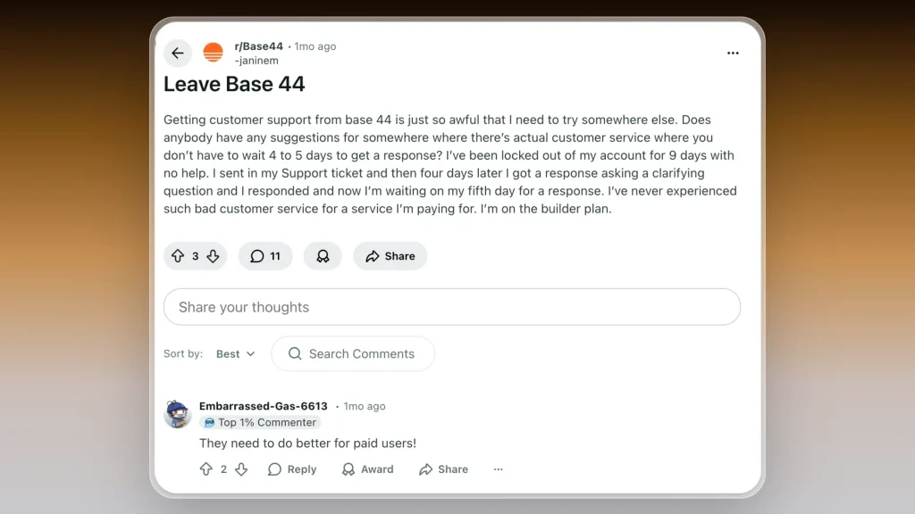 Base44 review about their customer support experience