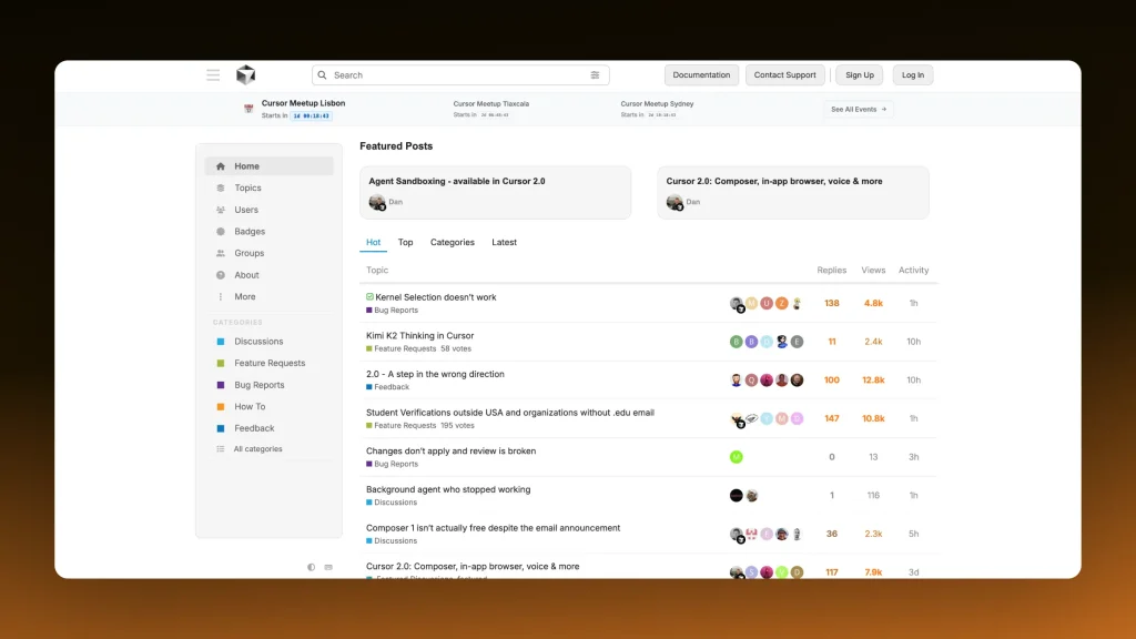 Screenshot of Cursor's forum