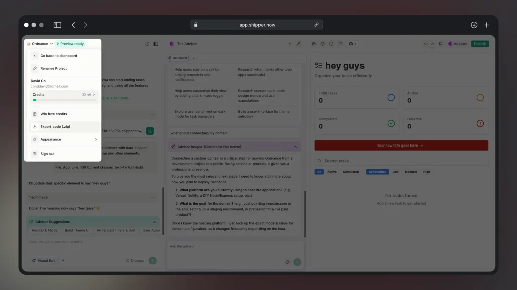 Instructions on how to export source code files from an app built in Shipper.now